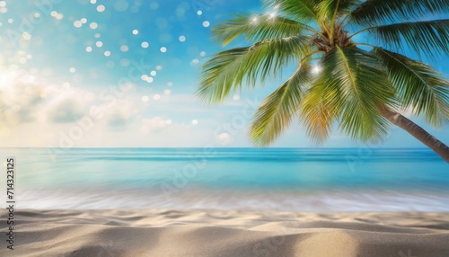 abstract seascape with palm tree tropical beach background blur bokeh light of calm sea and sky summer vacation background concept