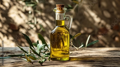  a bottle of olive oil sitting on top of a wooden table next to a branch of olives on the side of the table and a stone wall in the background.