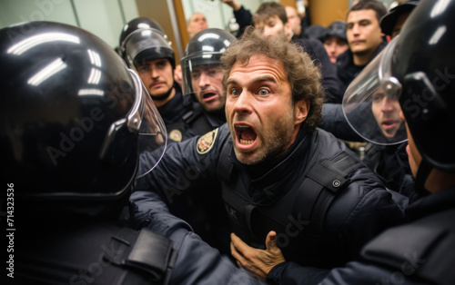 A dramatic scene of a protest with a man being restrained by police officers, depicting the intensity of civil demonstrations.