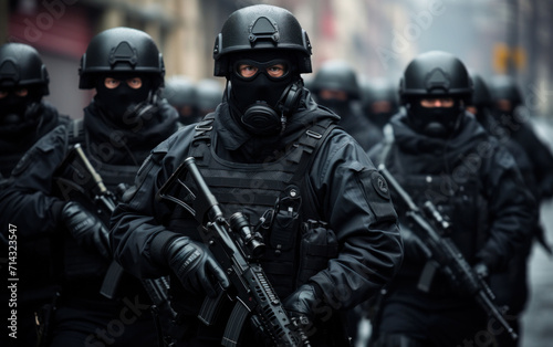 A group of armed tactical officers in black gear and helmets march in formation, ready for a security operation in an urban setting.