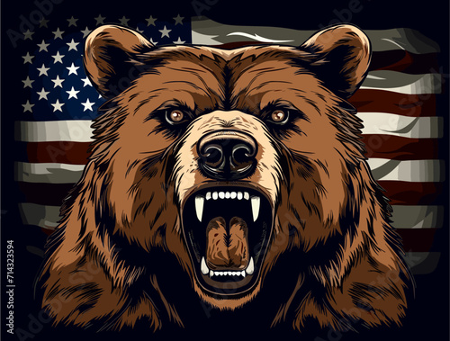 Vector design for t-shirt. Ferocious brown bear on background of american flag. Fashionable print for fabric, paper, men clothing, hoodie, biker jacket.