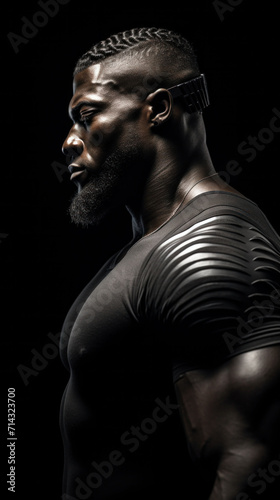 Close-up side view of a bearded male figure with marked musculature, accentuated by strategic lighting against a dark backdrop.