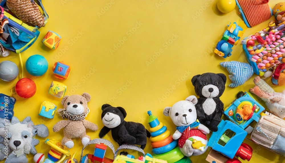 frame of kids toys on yellow background with copyspace