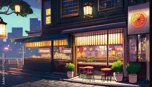 a beautiful japanese tokyo city ramen shop restaurant bar in the dark night evening house at the street anime cartoonish art style cozy lofi asian architecture 16 9 4k resolution 