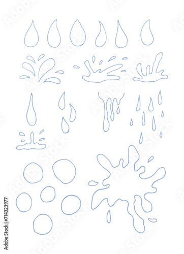 Water drops of different shapes, splashes set. Liquid droplets isolated on white background. Vector illustration.