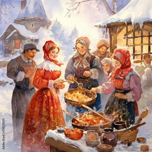 Russian holiday maslenitsa. Pancake Week at Russia, watercolor style. Slavic national festival People in folk costumes eat big tasty pancakes, have fun on winter pancake holiday week.