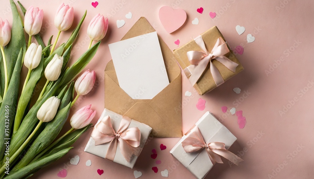 mother s day celebration concept top view photo of gift boxes with ribbon bows pink and white tulips envelope with letter and small hearts on pastel pink background with copyspace mother s day celebration concept top view photo of gift boxes with ribbon bows pink and white tulips envelope with letter and small hearts on pastel pink background with copyspace