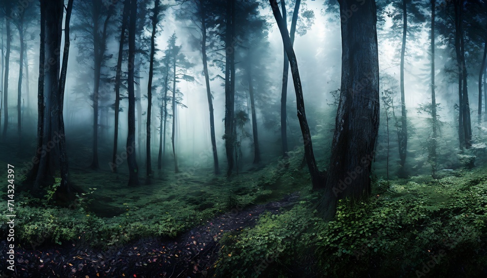 dark forest panorama fantasy landscape - obrazy, fototapety, plakaty 