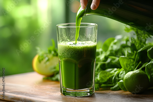 Pouring green juice into a glass. photo