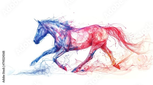  a red and blue horse is galloping on a white background with red and blue lines in the shape of a horse on a white background with red and blue lines in the foreground.