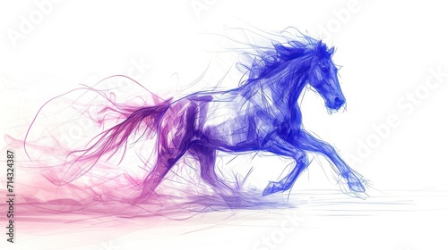  a blurry image of a horse running on its hind legs, with a pink and blue tail in the foreground and a red and blue tail in the background.