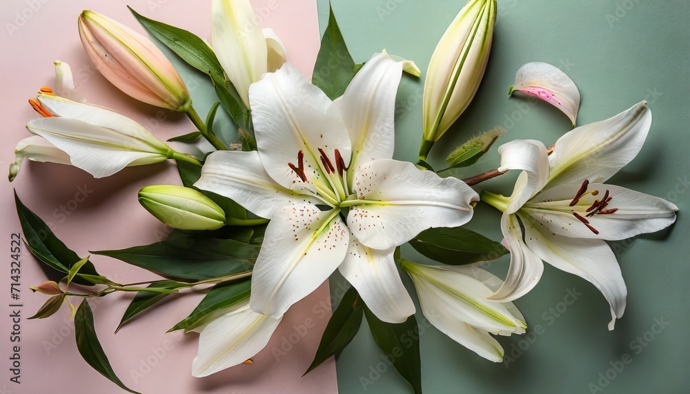 flat lay composition with beautiful blooming lily flowers on color background