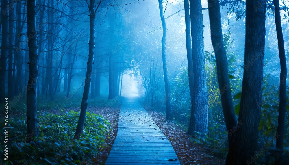 Obraz premium mysterious blue toned forest pathway footpath in the dark foggy autumnal cold forest among high trees