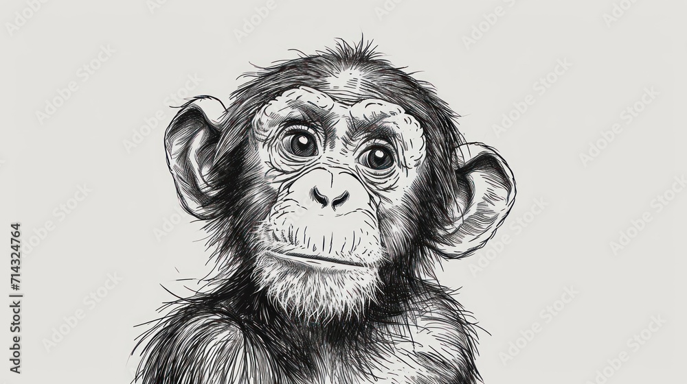 a black and white drawing of a monkey with a sad look on it's face, looking at the camera with a serious look on his face and a white background. a black and white drawing of a monkey with a sad look on it's face, looking at the camera with a serious look on his face and a white background.