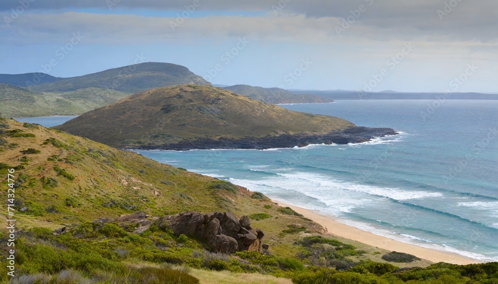 island landscape with beach hills and rock sea and horizon in background island landscape with beach hills and rock sea and horizon in background