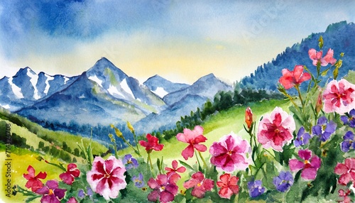 watercolor landscape with flowers on a background of mountains