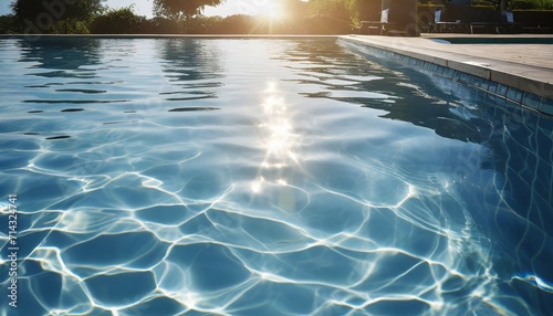 blue water surface with bright sun light reflections water in swimming pool background photo
