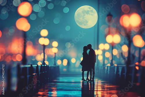 A romantic scene on a moonlit retro-style pier, Valentine’s Day, blurred background