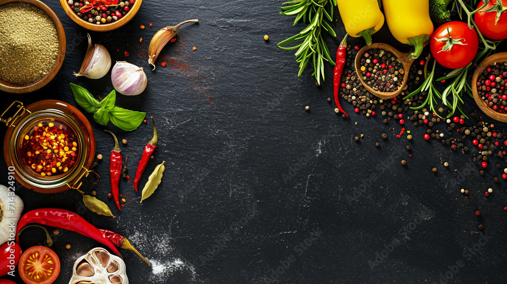 Black stone cooking background. Spices and vegetables. Top view . Ai Generative