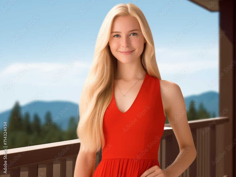 Portrait of a Radiant Blonde Beauty in Red Overlooking Mountain View. Generative AI.