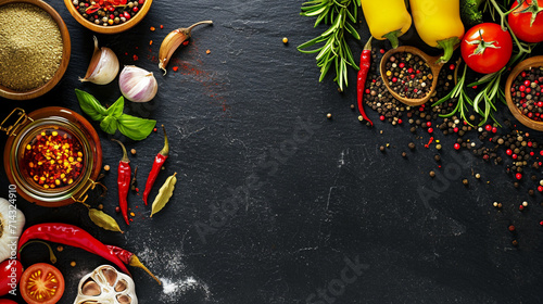 Black stone cooking background. Spices and vegetables. Top view . Ai Generative