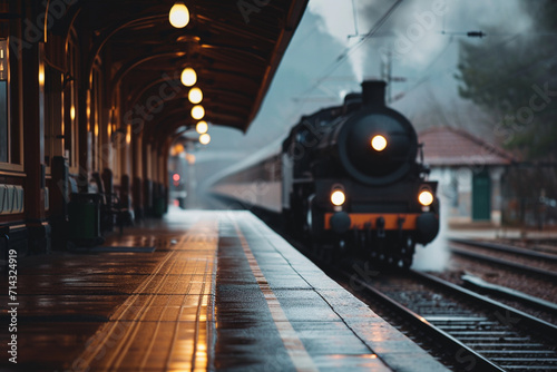 A vintage railway station with an old steam train, Valentine’s Day, blurred background