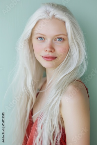 Portrait of a Magnificient Light Blonde Woman with Long Hair and Intense Blue Eyes. Generative AI.