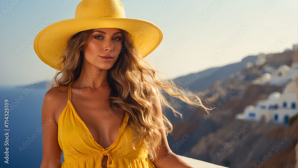 Portrait of a beautiful girl in a hat and sundress against the backdrop of Greece resort