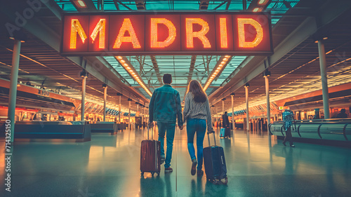 Una pareja joven en el aeropuerto de Madrid, España preparados para disfrutar de sus vacaciones photo