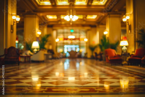 A historic hotel lobby with Art Deco design, Valentine’s Day, blurred background