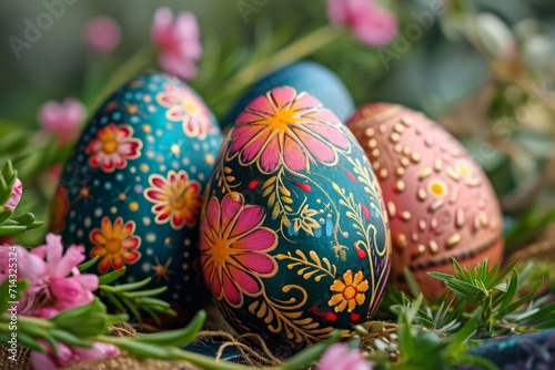 Colorful Festive Eggs with Patterns and Floral Designs AI Generated