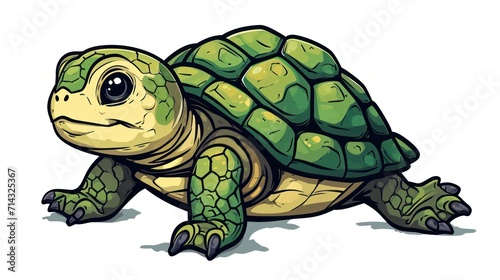  a green turtle sitting on the ground with its head turned to the side and it's head turned to the side and it's head slightly to the side.