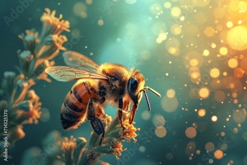 Colorful Bee in a Fantasy Environment with a Golden Spotlight on a Flower AI Generated © Alex