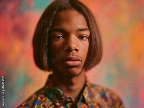 Photorealistic Teen Black Man with Brown Straight Hair vintage Illustration. Portrait of a person in 1960s era aesthetics. Mod fashion. Historic photo Ai Generated Horizontal Illustration.