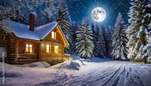 starry night full moon winter forest christmas trees wooden cabin with light in windows pine trees covered by snow winter christmas festive background © Lucia