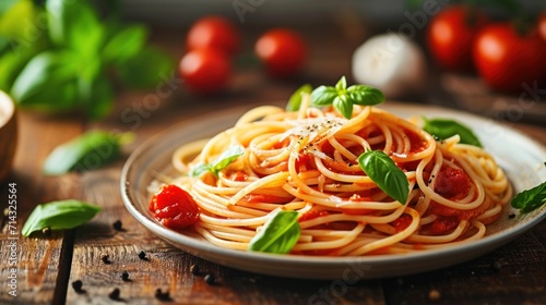  a plate of spaghetti with tomato sauce, basil, and parmesan cheese on a wooden table with tomatoes, basil, garlic, garlic, and pepper, and garlic.