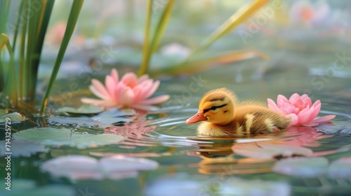 Tela a duckling floating on top of a body of water surrounded by lily pads and pink water lilies in a pond with water lillies in the foreground