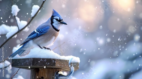  a blue bird perched on top of a wooden post in a snow covered forest with snow falling on the branches and snow falling off of the top of the branches.