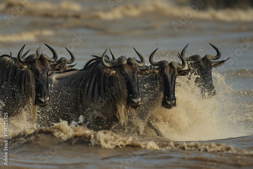 Wildebeests are crossing Mara river. Great Migration. Kenya. Tanzania. Maasai Mara National Park.