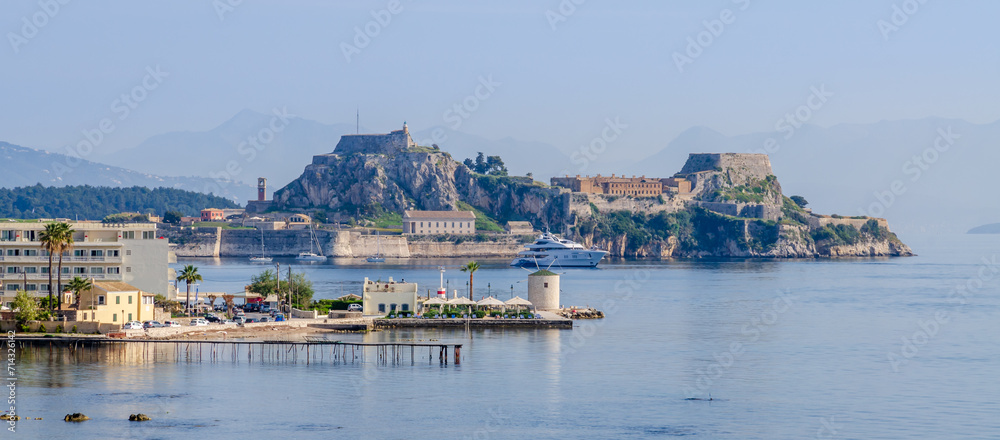 The old Venetian fortress of Corfu town, Corfu, Greece. The Old Fortress of Corfu is a Venetian fortress in the city of Corfu. Photo is taken through nature from Mon Repos park.