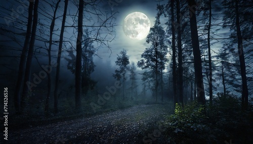 scary spooky dark forest at night with full moon photo
