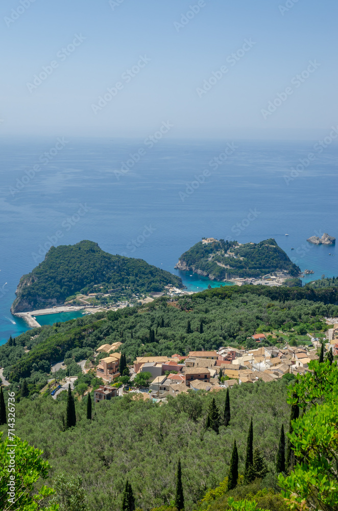 Obraz premium Beautiful aerial view of Palaiokastritsa boats and beach Corfu Greece