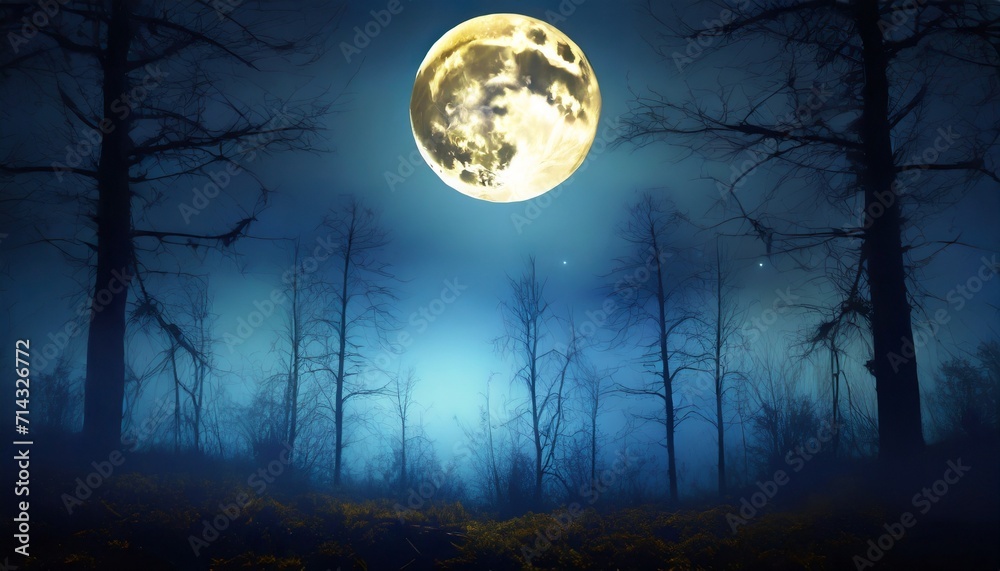 full moon over dark spooky forest at night
