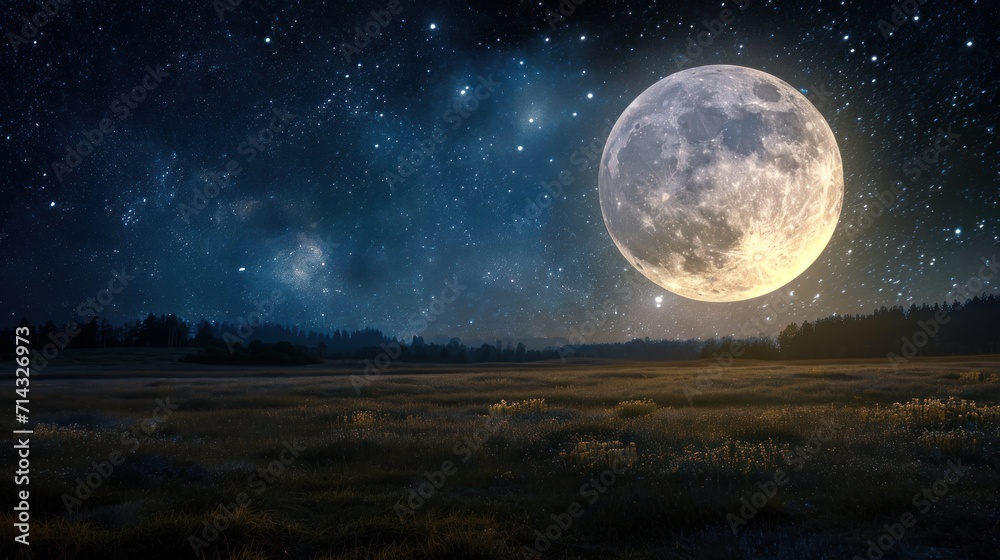 Fototapeta premium a full moon in the night sky above a field of grass with trees in the foreground and stars in the sky above the field with grass and trees in the foreground.