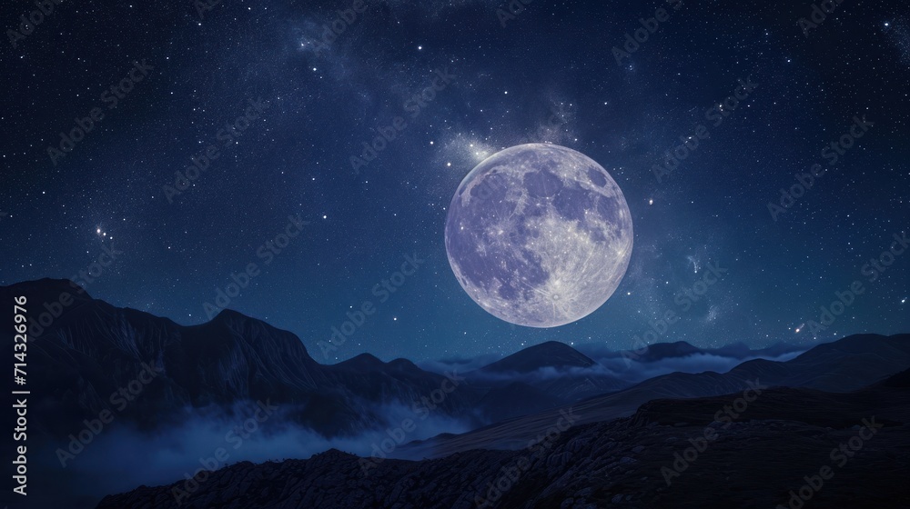  a full moon in the night sky above a mountain range with low lying clouds and a few stars in the sky above the mountain range is a low lying cloud.