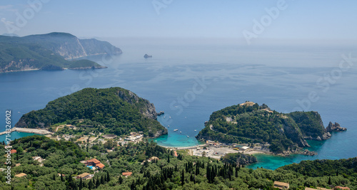 Beautiful aerial view of Palaiokastritsa boats and beach Corfu Greece photo