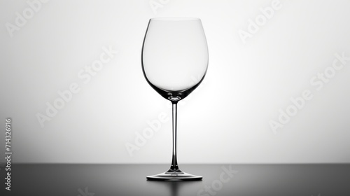  a wine glass sitting on a table in front of a white wall with a reflection of the wine glass on the table in front of the glass is half empty.