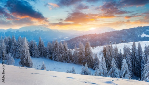 fantastic winter landscape magic sunset in the mountains a fros