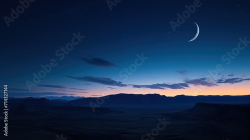  a crescent in the night sky over a mountain range with a crescent in the middle of the night sky and a crescent in the middle of the night sky above the mountain range.