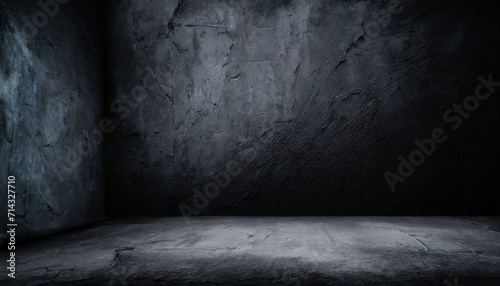 dark black room with rough cement concrete floor and grunge wall background photo
